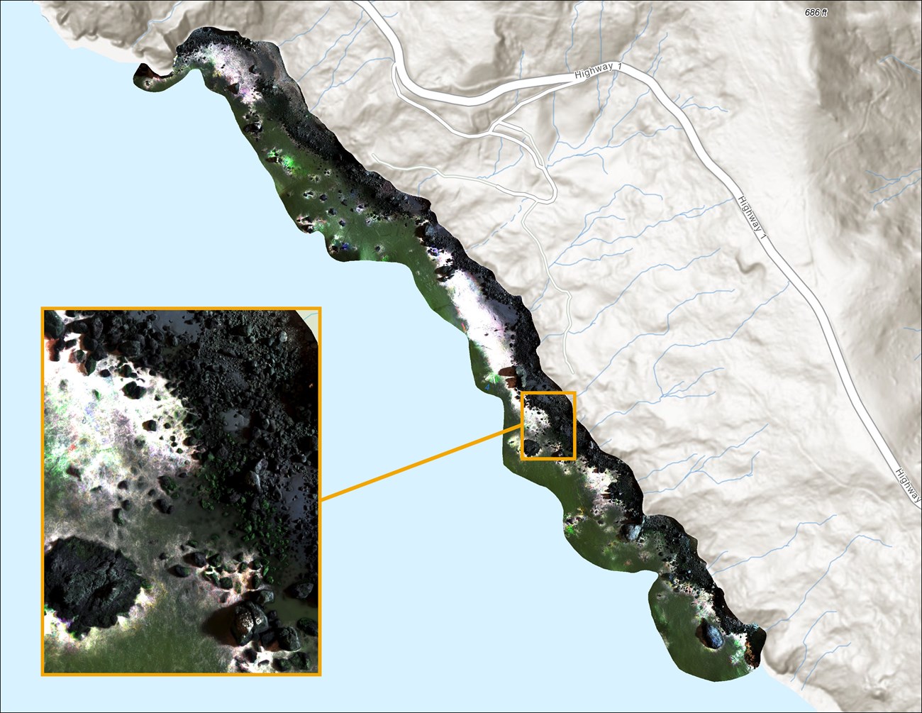 A terrain view of the coastline laid on top of a graphical map of the surrounding area.