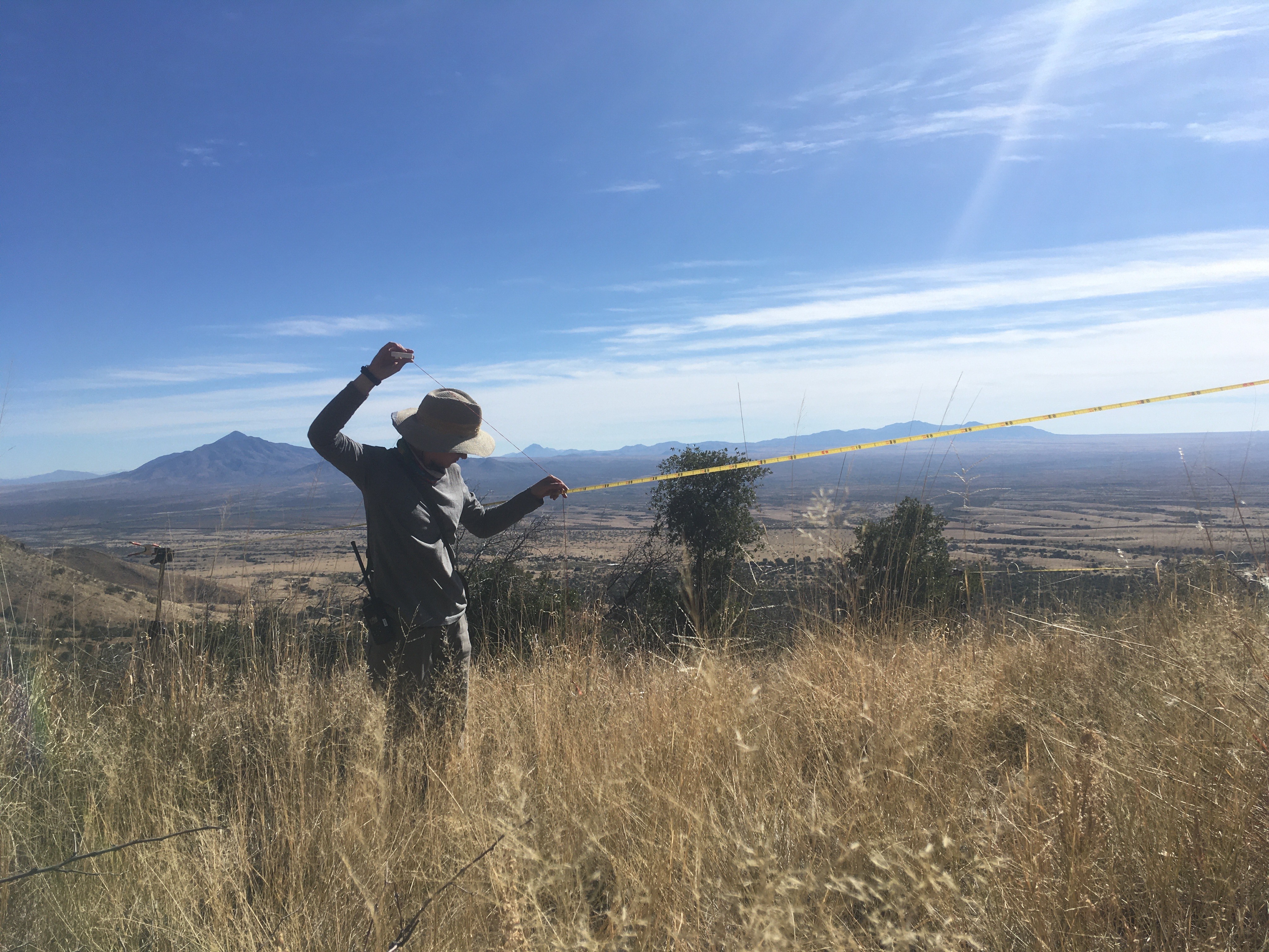A woman holding a string and a measuring tape in the air. She is standing on a hillside covered in dried, brown grasses above a desert valley with mountains in the distance. A woman holding a string and a measuring tape in the air. She is standing on a hillside covered in dried, brown grasses above a desert valley with mountains in the distance.