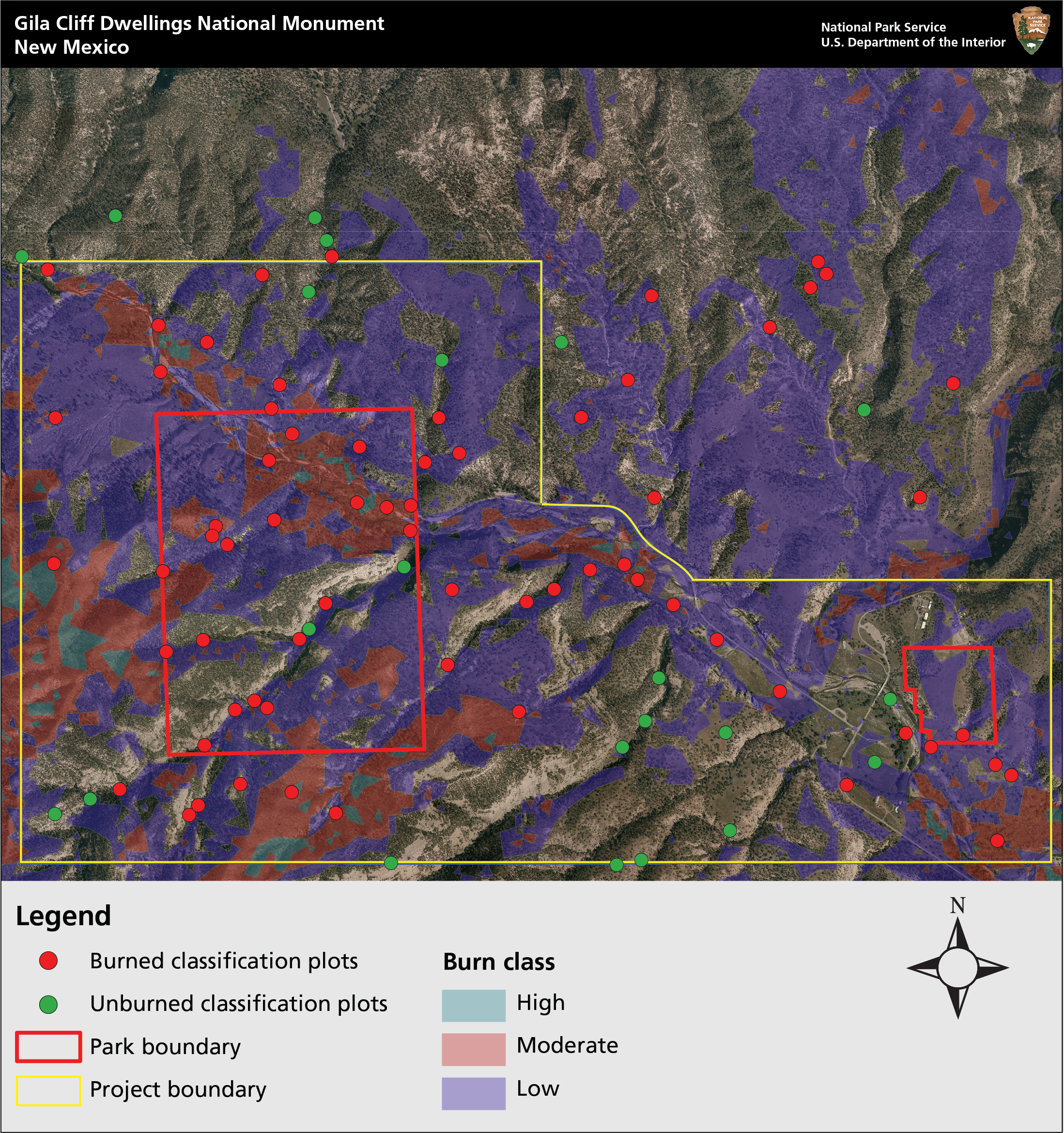 Burned area map Topographic map of Gila Cliff Dwellings NM with red and blue shape outlines, with green and red dots and color fields