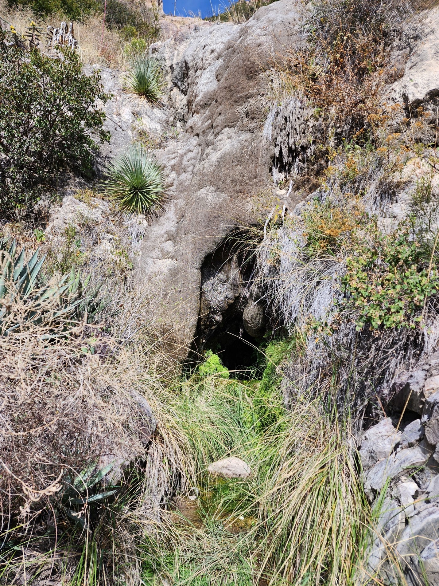 Cave entrance on desert hillside.