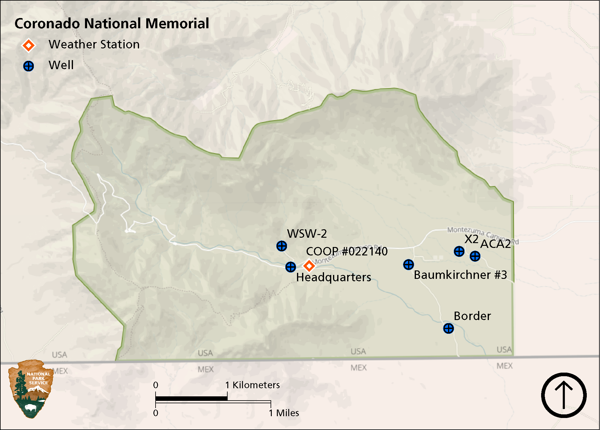 Map of Coronado National Memorial showing location of weather stations and groundwater monitoring wells.