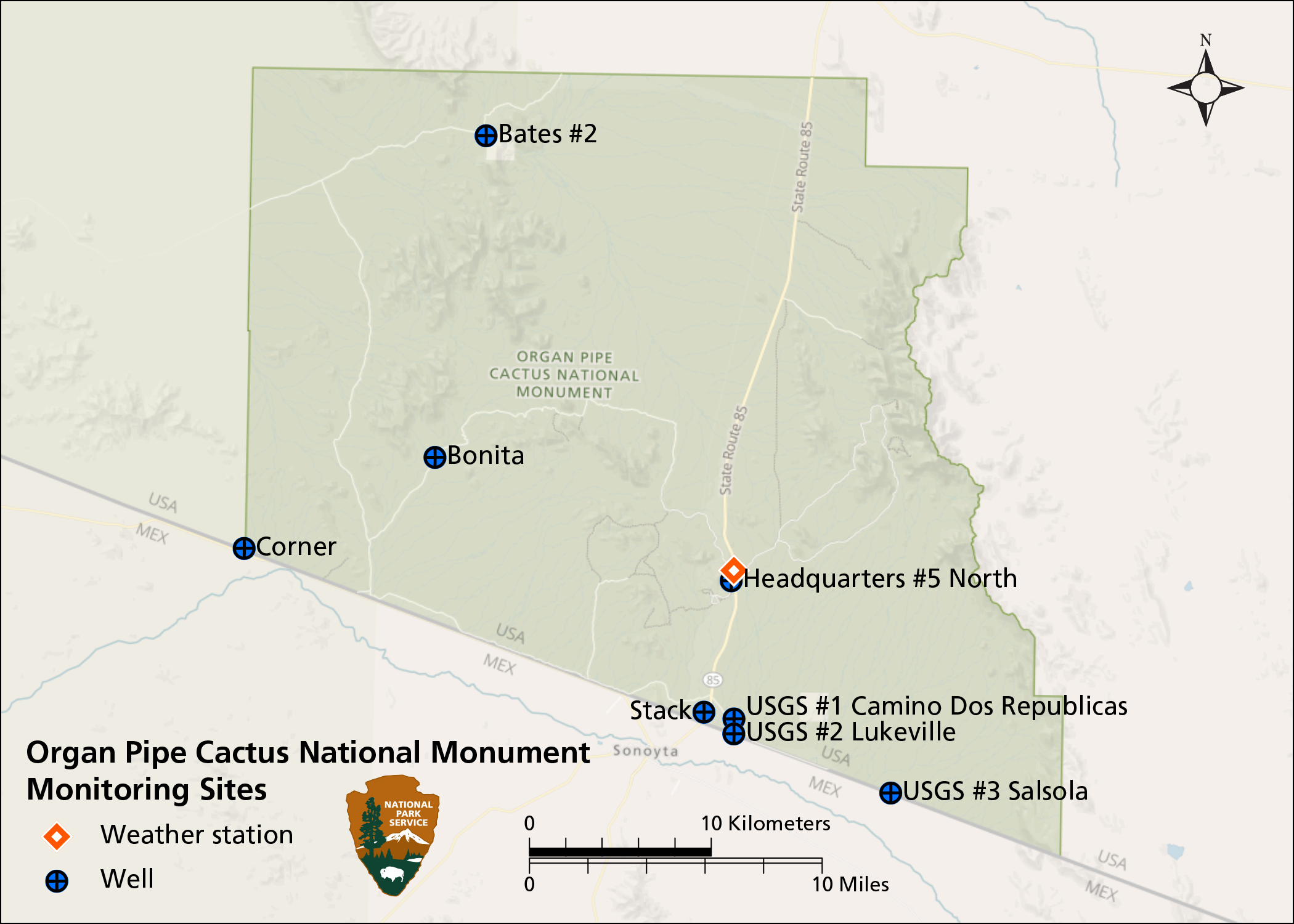 Map of Organ Pipe Cactus NM showing location of one weather station and eight groundwater monitoring wells found throughout the park.