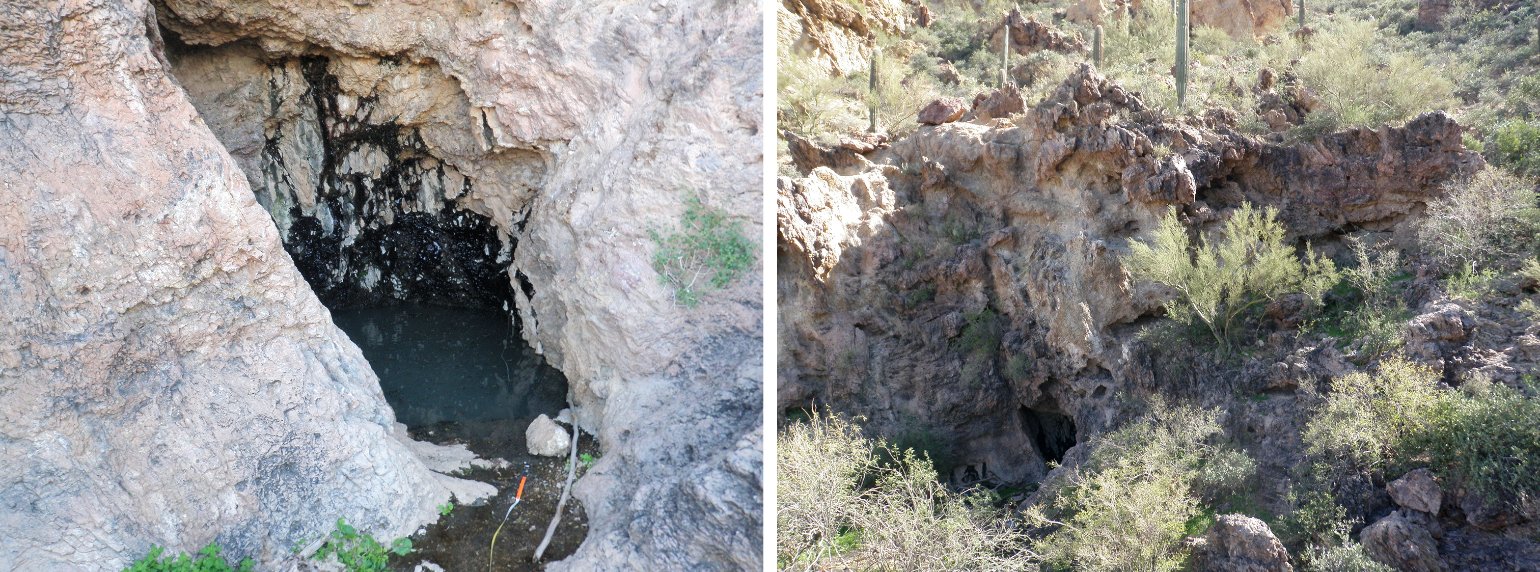Two photos. At left, desert cliff with black wash where water seeps into small pool at base, where monitoring equipment sits. At right, view of same area from above.