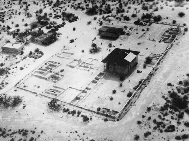 Aerial view of Great House and adobe ruins of Compound A in 1926-1927