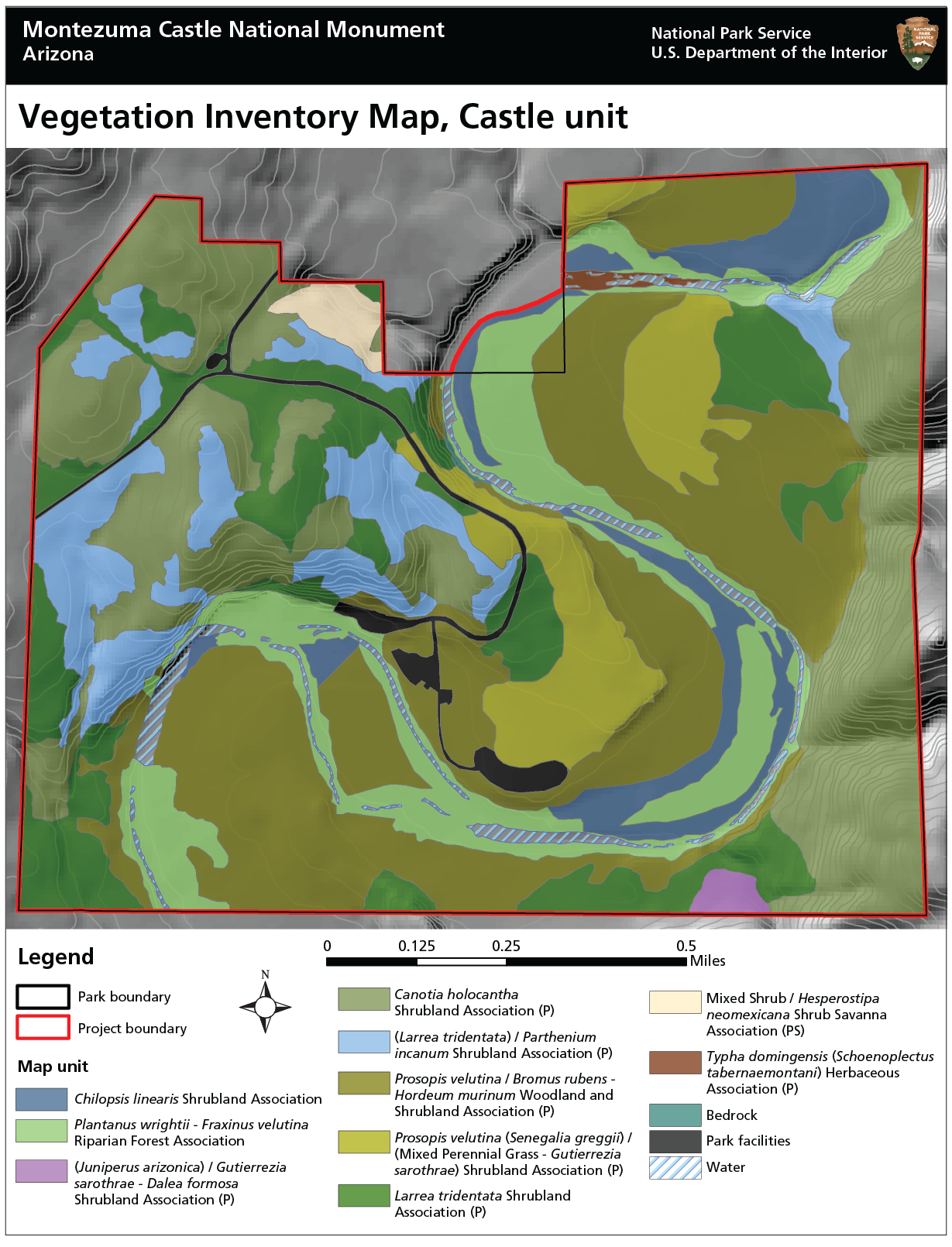 Map of Montezuma Castle National Monument (Castle unit) with multiple color fields indicating the location of different vegetation types