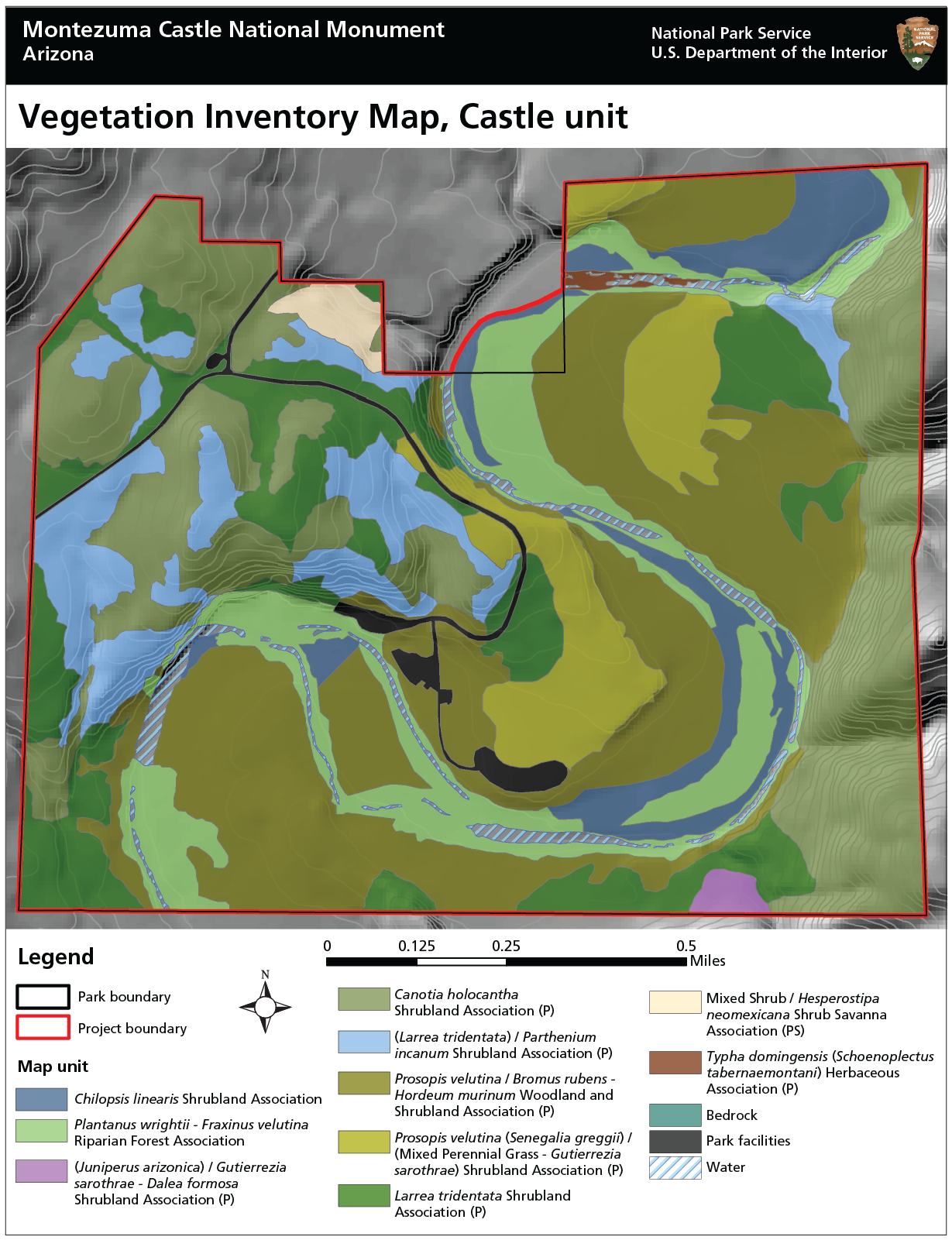 Map of Montezuma Castle National Monument (Castle unit) with multiple color fields indicating the location of different vegetation types Map of Montezuma Castle National Monument (Castle unit) with multiple color fields indicating the location of different vegetation types