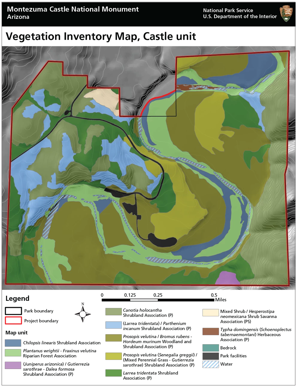 Map of Montezuma Castle National Monument (Castle unit) with multiple color fields indicating the location of different vegetation types Map of Montezuma Castle National Monument (Castle unit) with multiple color fields indicating the location of different vegetation types