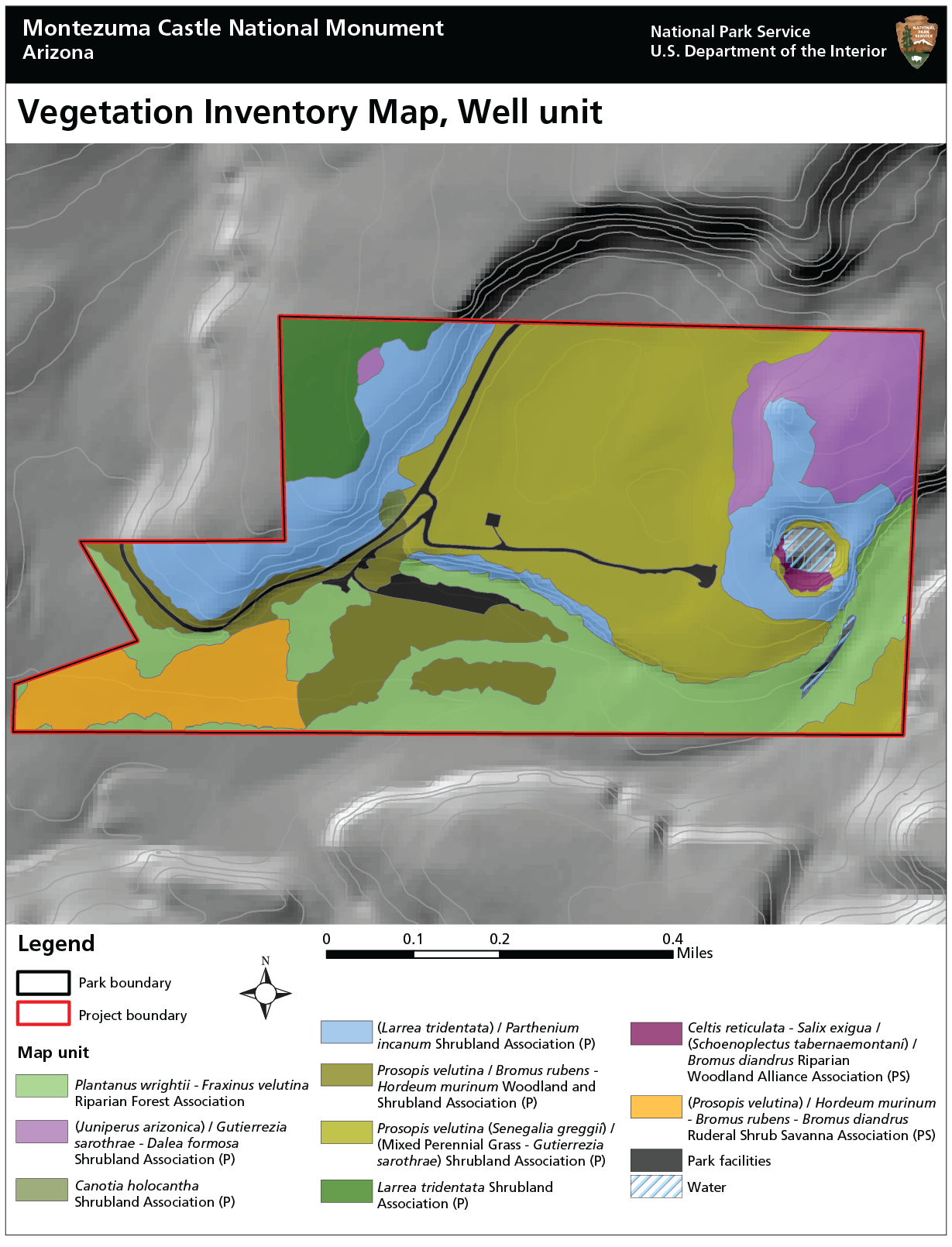 Map of Montezuma Castle National Monument (Well unit) with multiple color fields indicating the location of different vegetation types Map of Montezuma Castle National Monument (Well unit) with multiple color fields indicating the location of different vegetation types