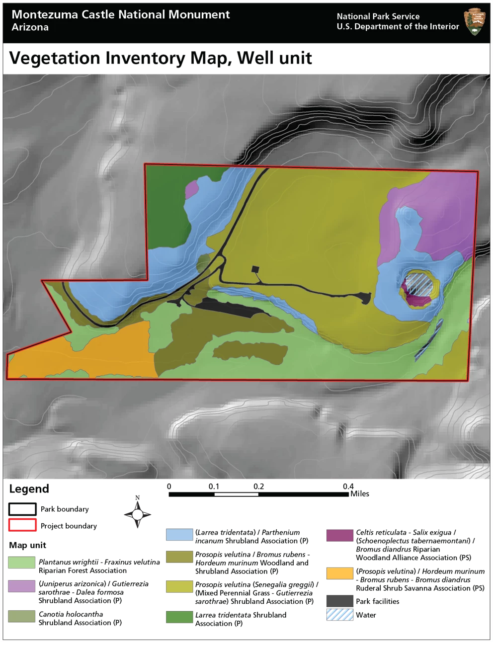 Map of Montezuma Castle National Monument (Well unit) with multiple color fields indicating the location of different vegetation types Map of Montezuma Castle National Monument (Well unit) with multiple color fields indicating the location of different vegetation types