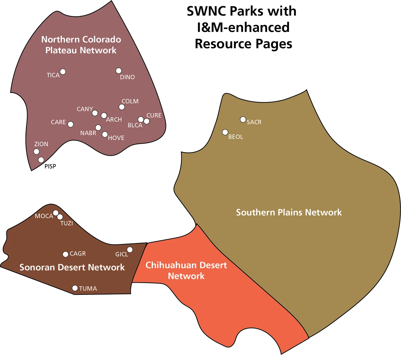 SWNC networks Color fields in the shape of three I&M networks