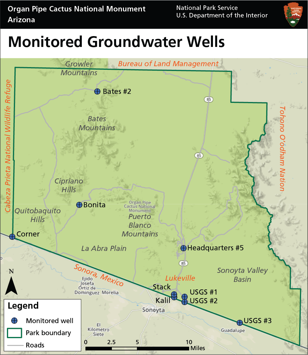 Map of Organ Pipe Cactus NM, showing location of nine monitored wells.