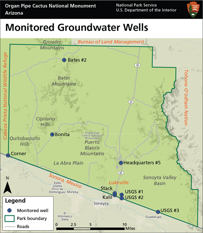 Monitored wells Map of Organ Pipe Cactus NM, showing location of nine monitored wells.