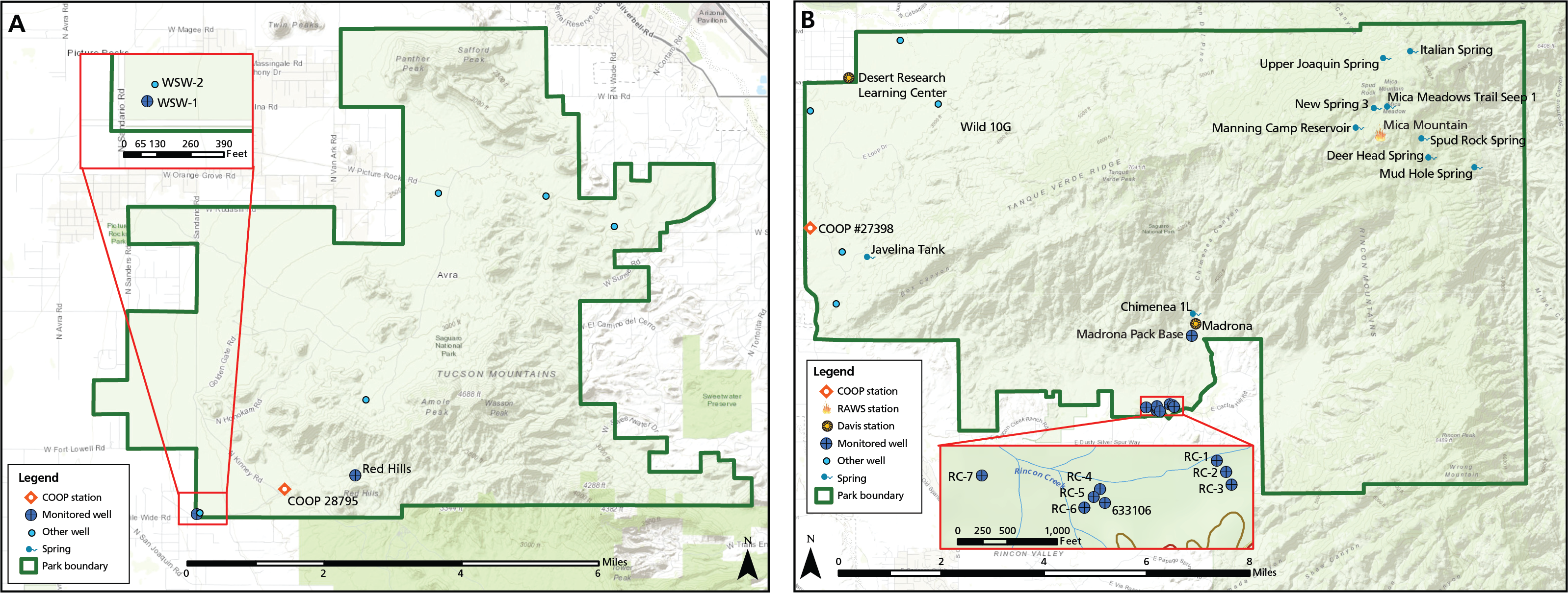 Maps of Saguaro NP districts with locations of weather stations, groundwater wells, and springs