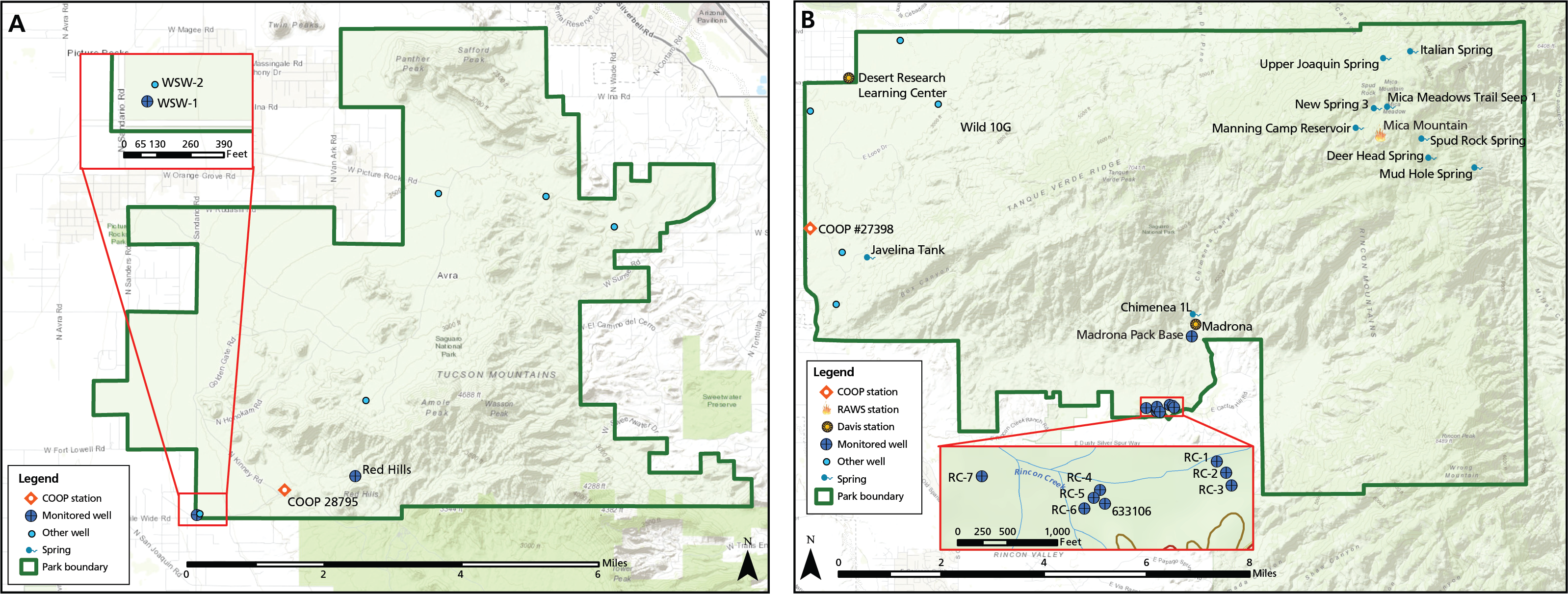 maps Maps of Saguaro NP districts with locations of weather stations, groundwater wells, and springs