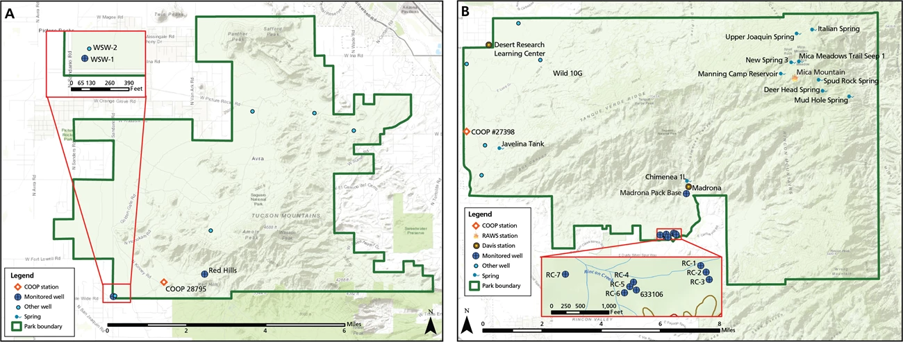 maps Maps of Saguaro NP districts with locations of weather stations, groundwater wells, and springs