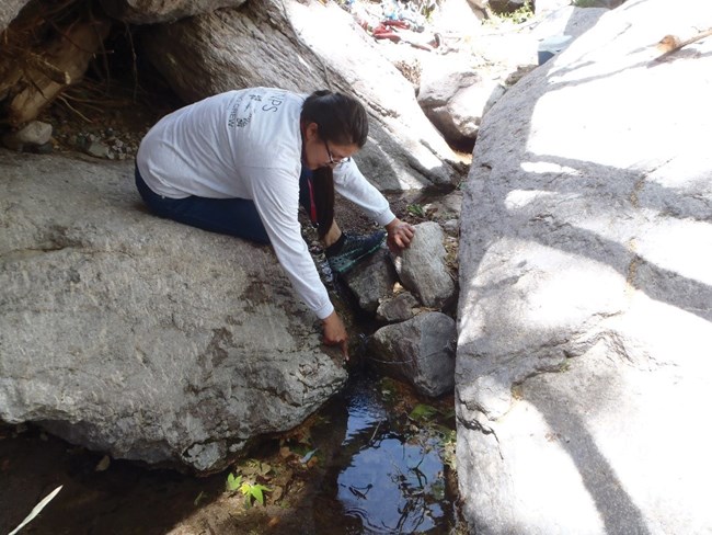 spring Woman points at small pool between two boulders