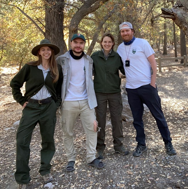field crew Two men and two women stand amid trees