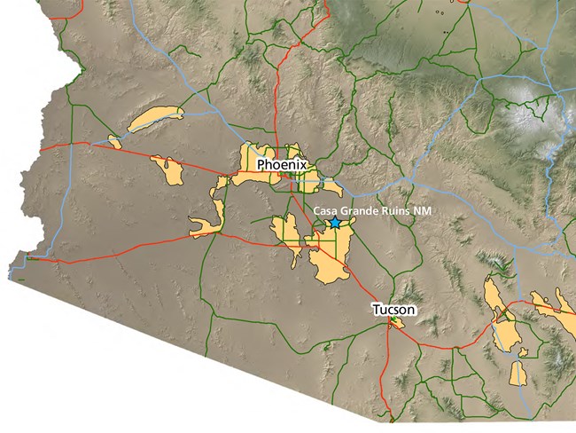 Map of southern Arizona with areas highlighted in the Phoenix/Tucson area
