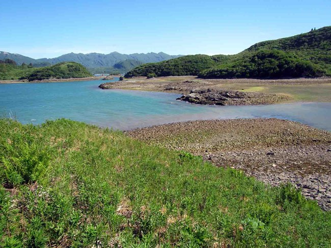 Coastline with beaches and islands.