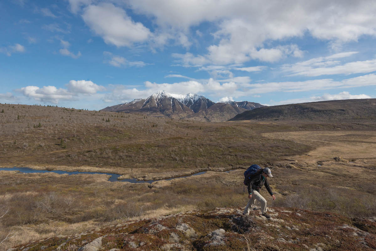 A woman hikes above a stream