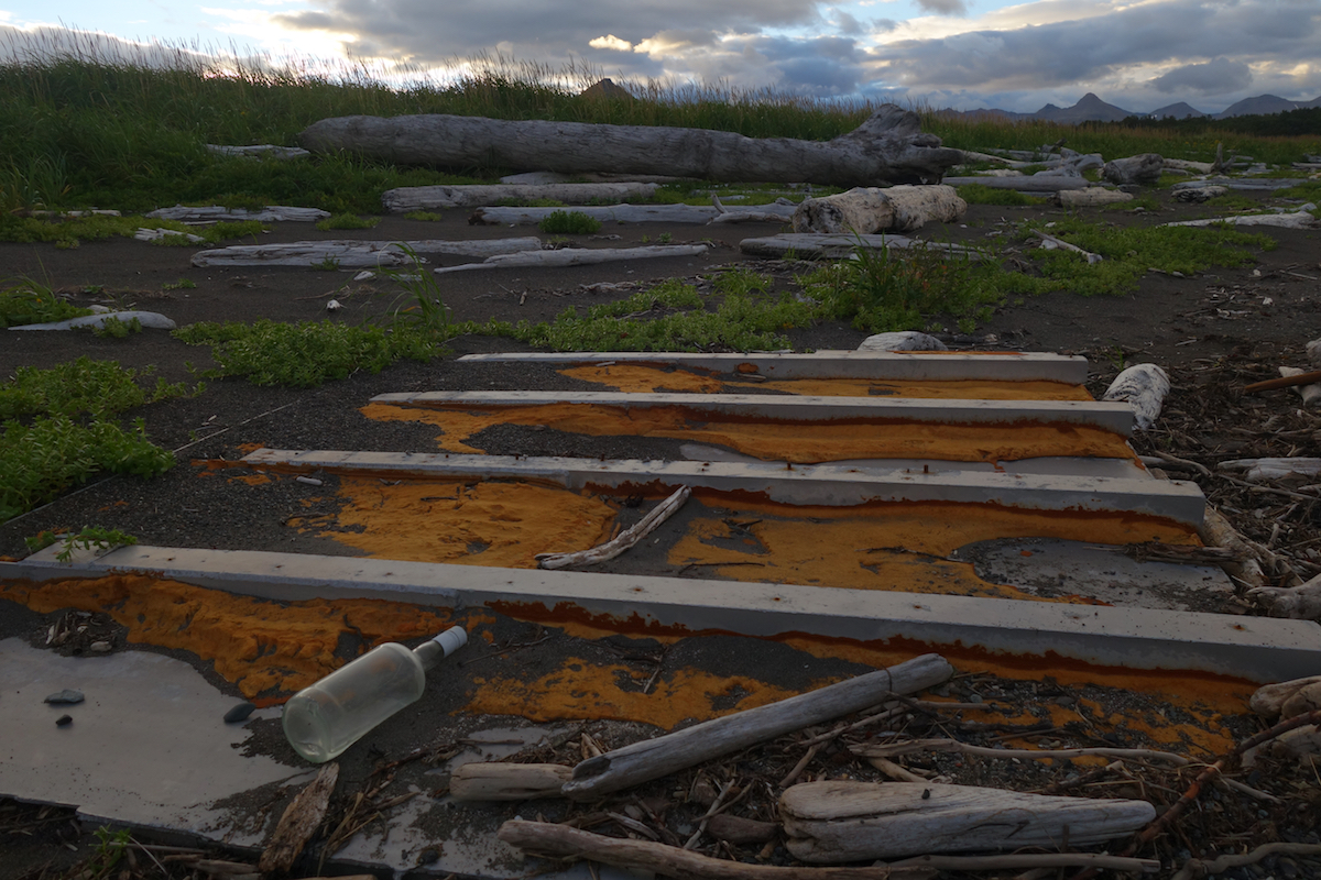 Large wooden debris on a beach