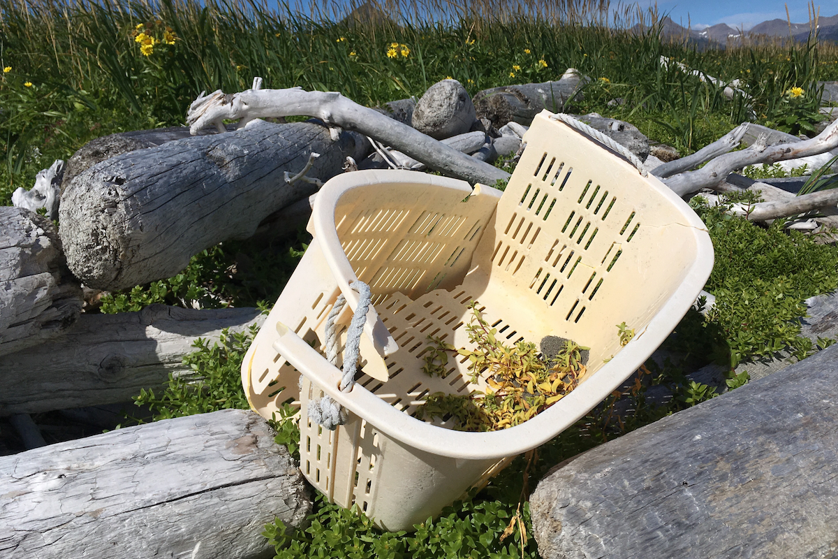 A plastic clothes hamper washed up on a beach