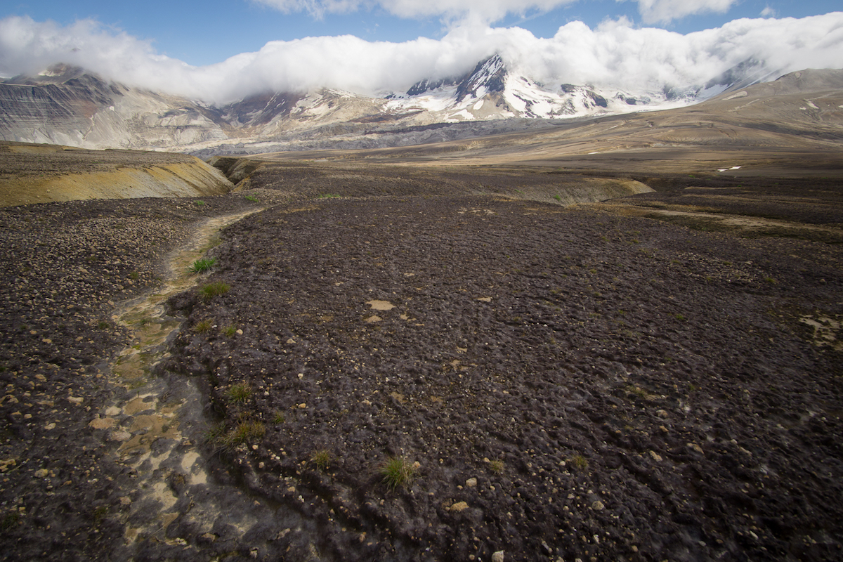 A light path cuts through black soil crust