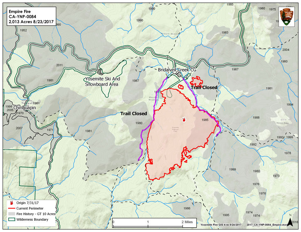 A map illustrating the Empire fire, burning about a mile from Bridalveil Creek Campground.