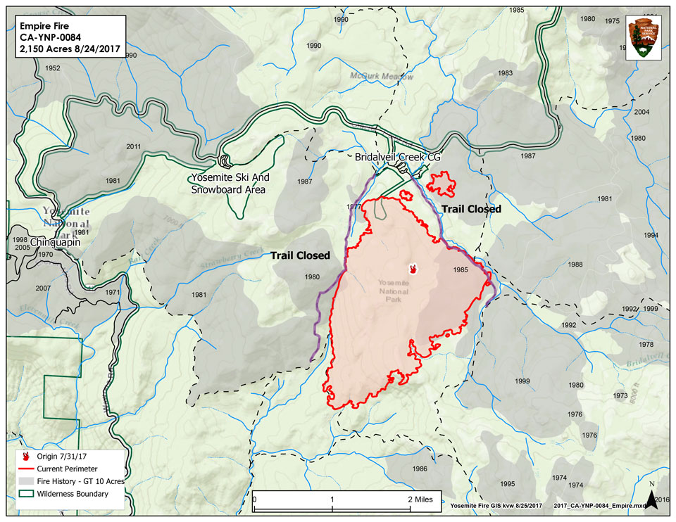 Empire Fire 8-25-17 A map illustrating the Empire fire, burning about a mile from Bridalveil Creek Campground.