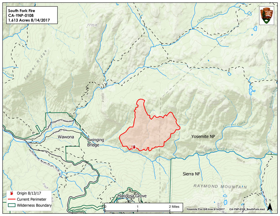 South Fork Fire Aug 15 am Fire burning one mile east of Wawona, spreading north and northeast