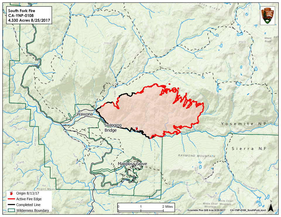 A map illustrating the South Fork Fire, burning east of the community of Wawona.