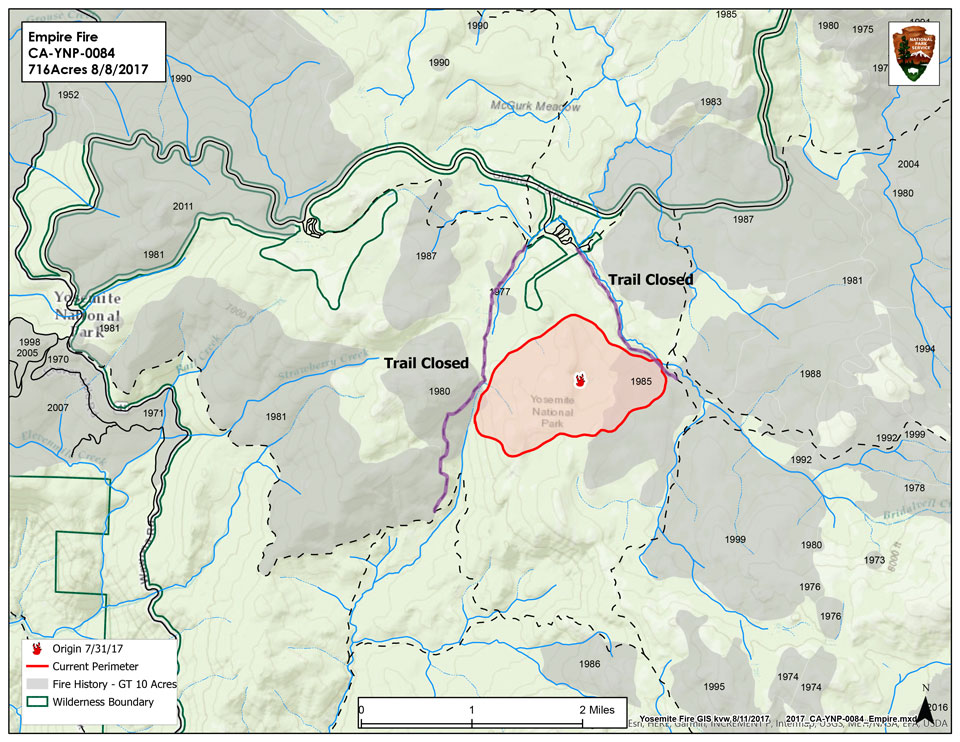 A map illustrating the Empire fire, burning about a mile from Bridalveil Creek Campground.