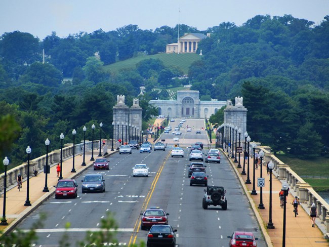 Mega-Project Arlington Memorial Bridge A view of Arlington Memorial Bridge looking towards Arlington Cemetary with the Robert E. Lee house at the top of the hill