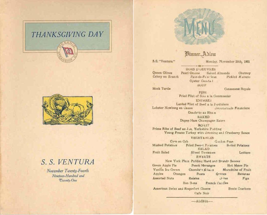 Thanksgiving 1921 Menu from the Steamship Ventura Showing Among Other Options Roasted Turkey