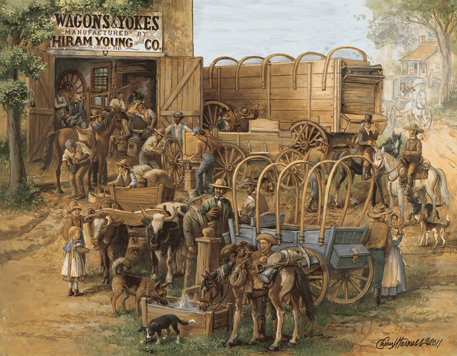 Illustration of Young's wagon yard, busy with trail activities