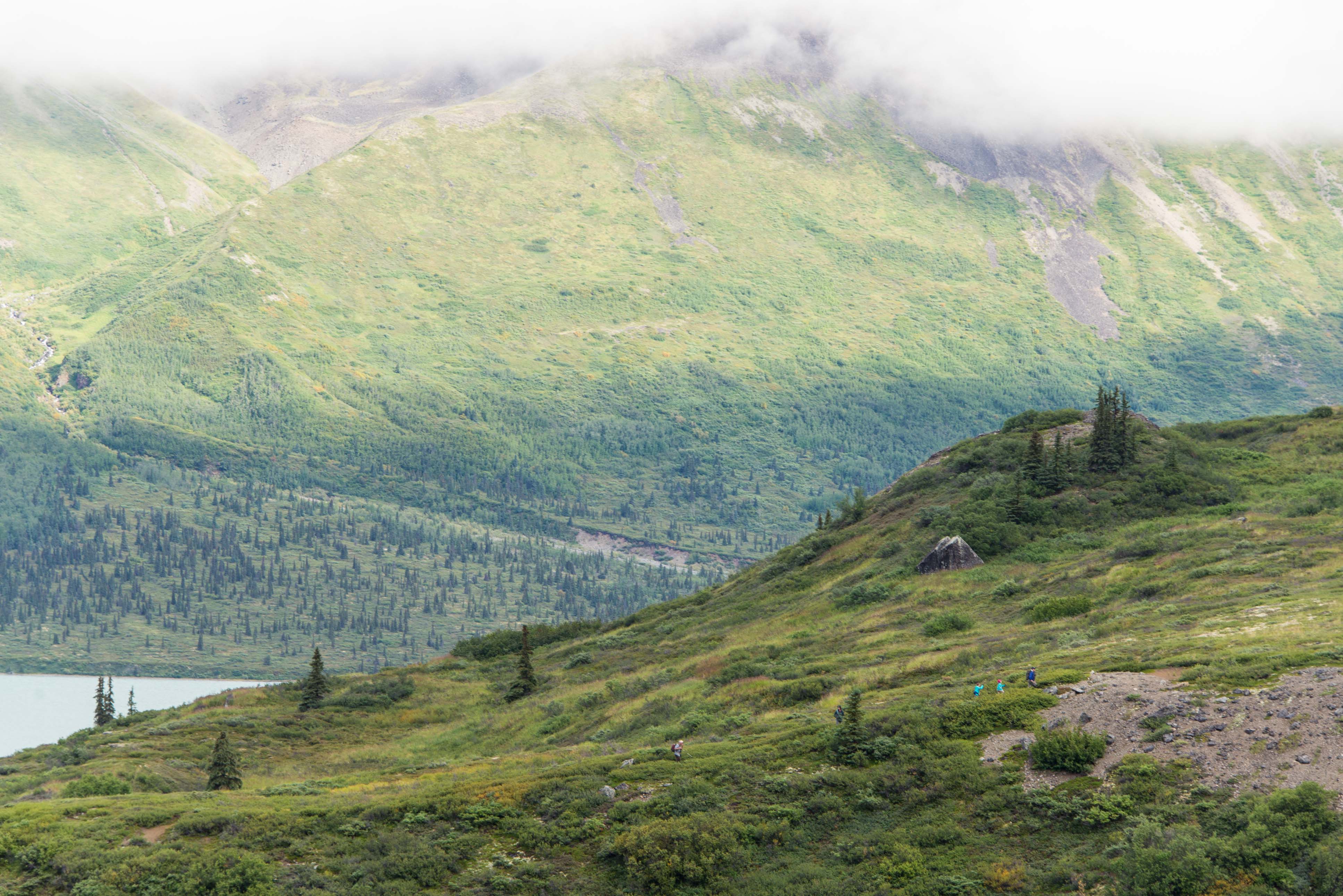 Cowgill Benches Hikers walk in the distance surrounded by lush green mountainsides