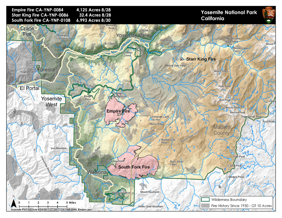 A map illustrating the Empire, South Fork, and Starr King Fires burning in the park.