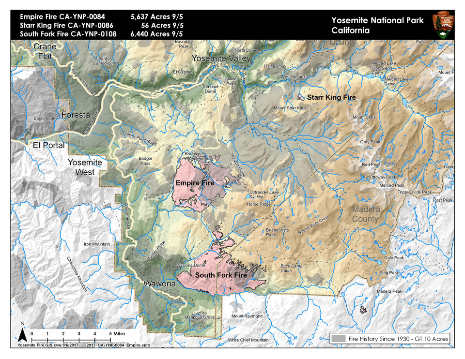 A map illustrating the Empire, South Fork, and Starr King Fires burning in the park.