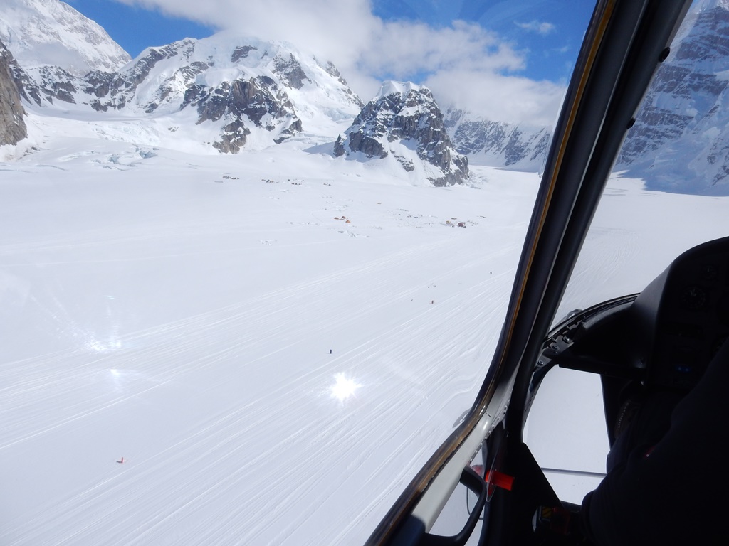 The Denali high altitude helicopter flies into the Kahiltna Glacier Basecamp