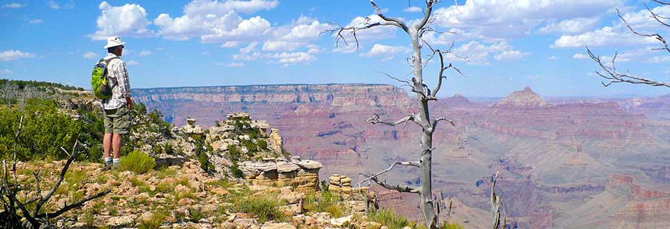 Author George Jacobi looking out at Grand Canyon Man standing on the left looking out at Grand Canyon, which is seen in the distance on the right side of the photo