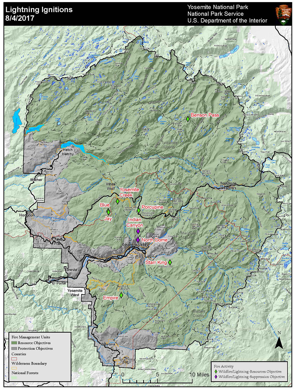 Map of the park with points of where lightning fires have started.