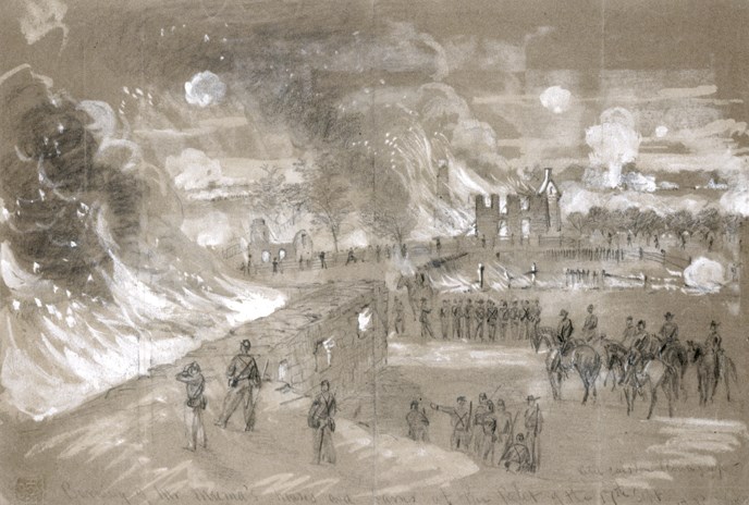 Alfred Waud sketch of the Mumma Farm burning