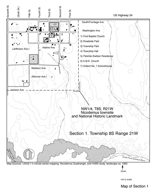 Map of the Nicodemus townsite and National Historic Landmark and surrounding area