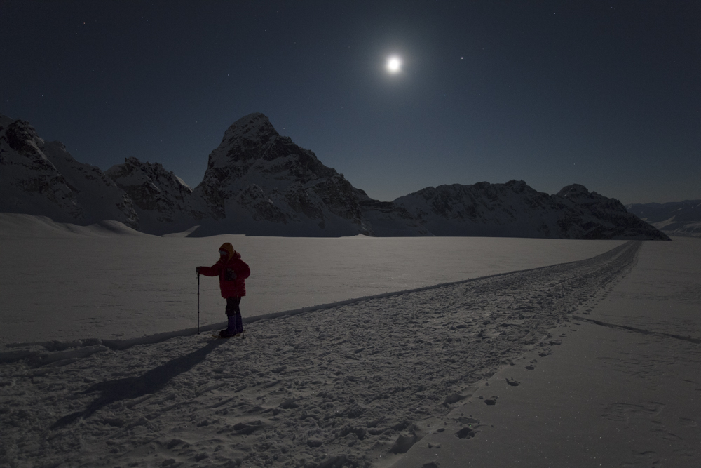 A climber stomps out a glacier runway in the winter moonlight