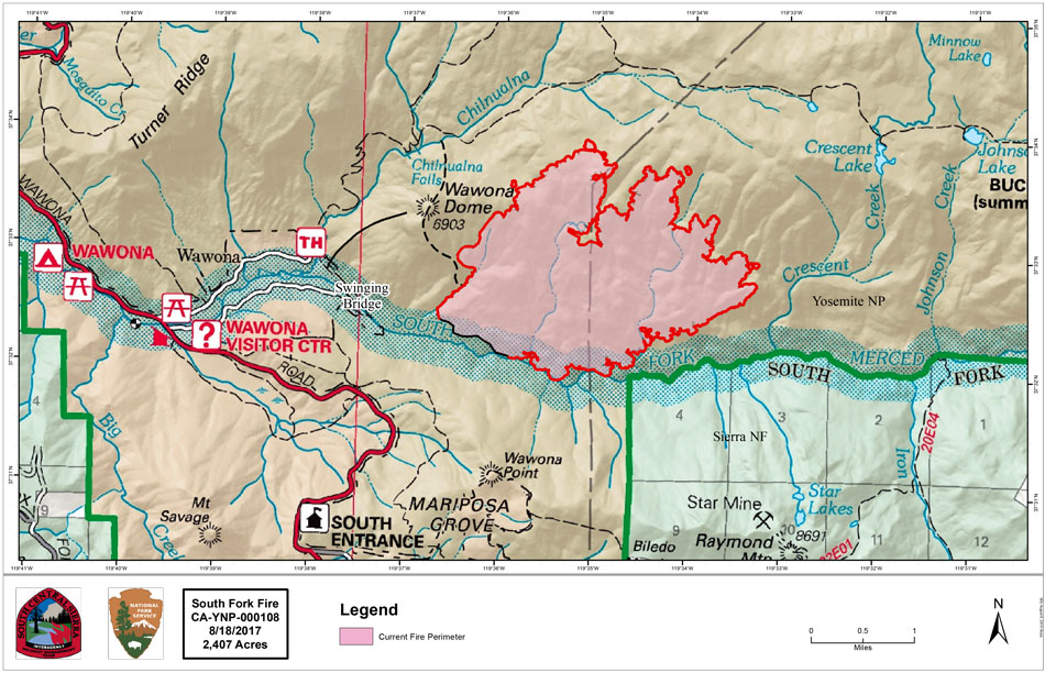 South Fork Fire Map 8-18-17 A map illustrating the South Fork Fire, burning east of the community of Wawona.