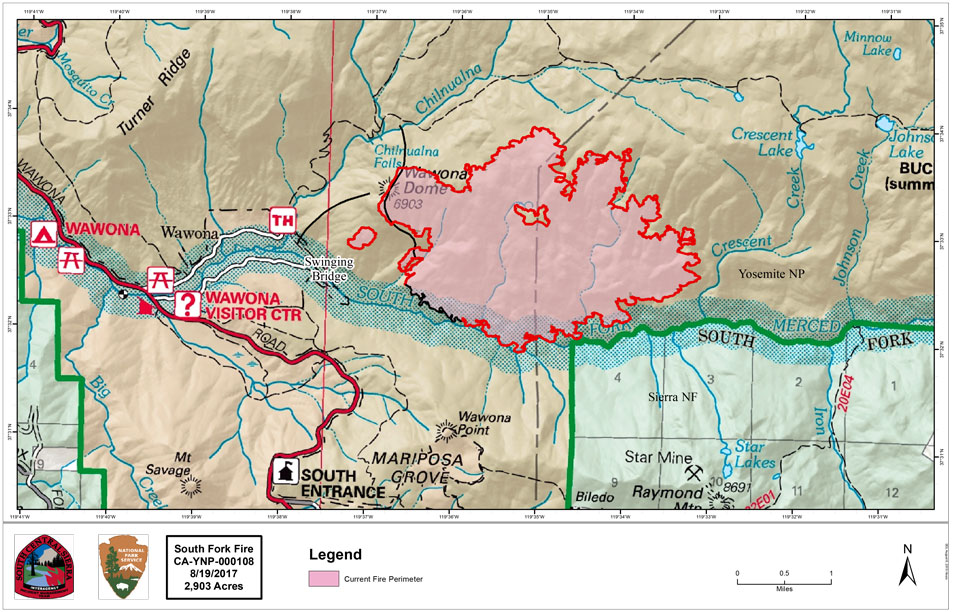 South Fork Fire Map 8-19-17 A map illustrating the South Fork Fire, burning east of the community of Wawona.