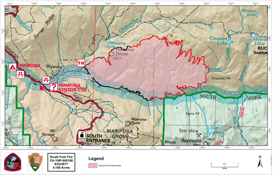 A map illustrating the South Fork Fire, burning east of the community of Wawona.