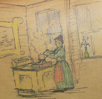Cartoon of Miss Bullard standing over stove