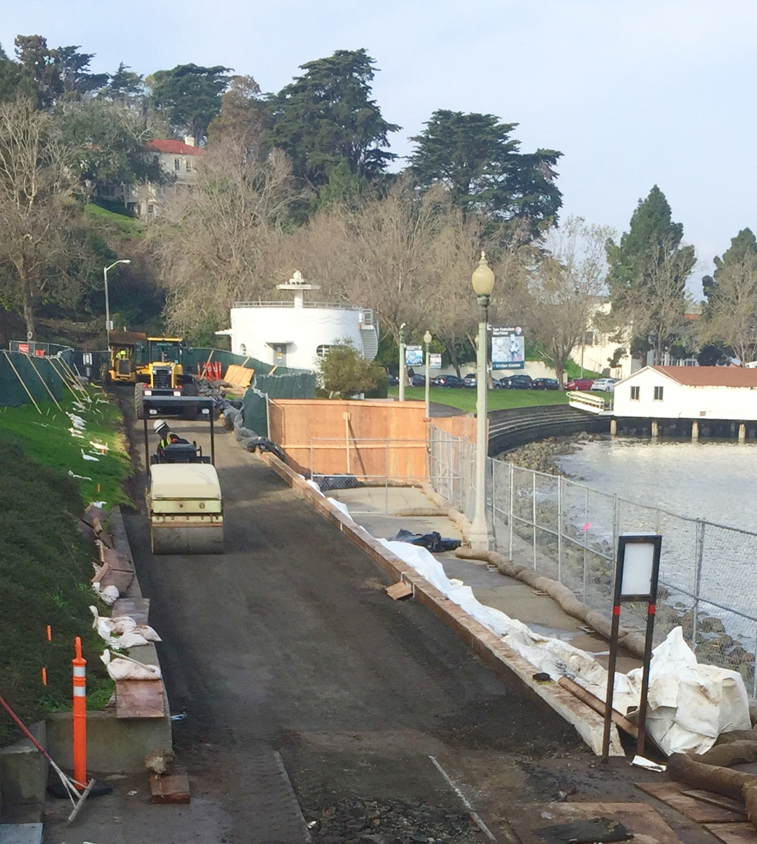 Promenade Work 1/17/17 Railroad tracks removed from a section of the Promenade, showing a smooth surface.