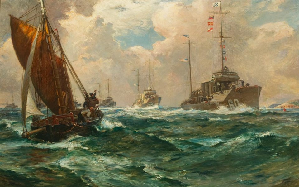 A painting of a rough sea with a series of destroyers sailing through the water. A small fishing boat watches the ships and cheer.